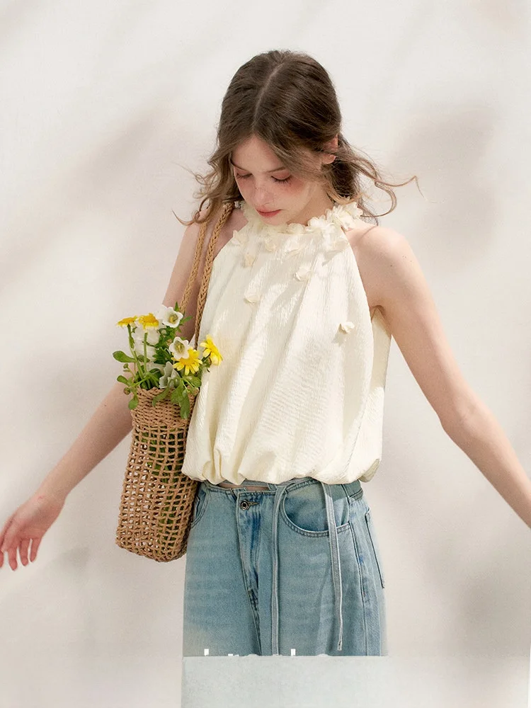 

Kroche, удобный текстурированный топ трапециевидной формы с цветочным принтом 3D Ne, женский милый топ свободного кроя, летняя длина