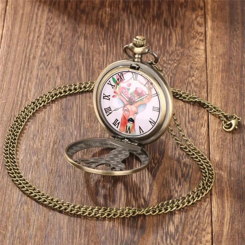 Antique Style Hollow-Out Elk Pocket Watch Bronze Quartz Movement Necklace Chain with Half Hunter Case Roman Number Display reloj