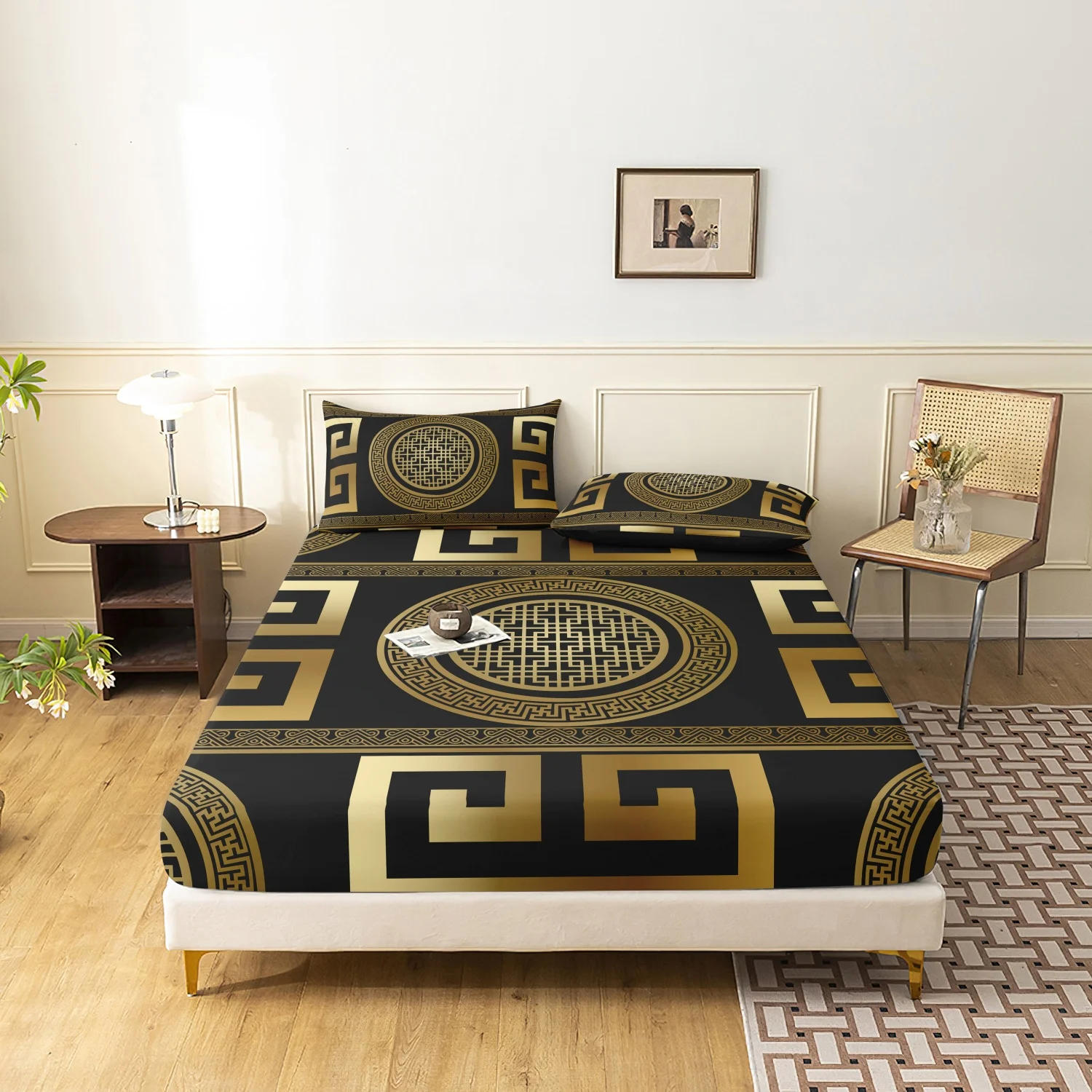 3-teiliges Elegantes Luxuriöses Schwarz-Gold Griechisches Schlüsselmuster Geometrisches Spannbettlaken-Set, Klassisches Vintage Kreisförmiges Quadratisches Muster Bettwäsche