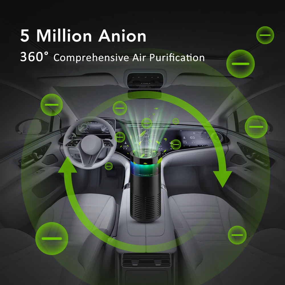 منقي هواء السيارة الصغير التنقية السريعة إزالة رائحة الفورمالديهايد داخل السيارة الأيونات السالبة الضوء المحيط لتنقية هواء السيارة