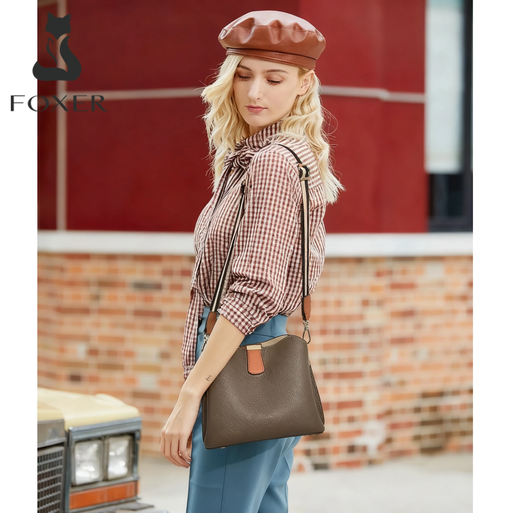 FOXER Brand New Shoulder Bag for Women PU Leather Retro Large Capacity Bucket Bag Female Crossbody Purse Tote Commuting Purse