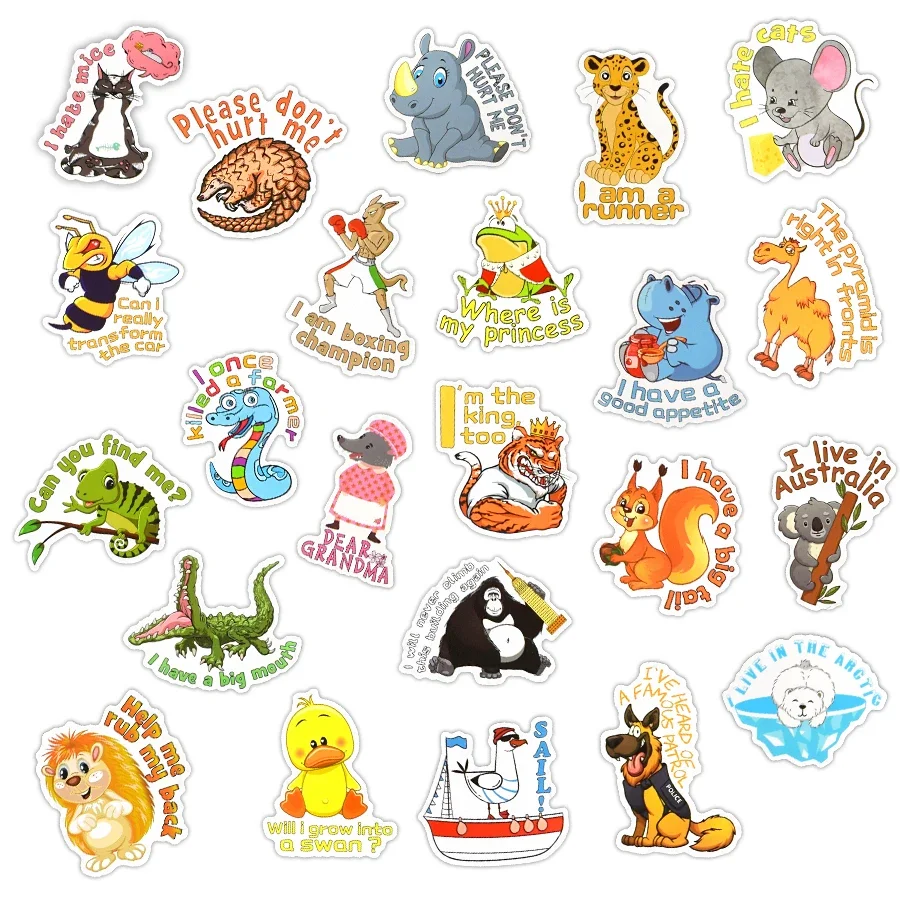 50 PCS Cartoon Animal Stickers Saying Proverb Funny Animal Cute Stickers for Kids DIY Scrapbook Car Bike Kettle Decal Waterproof