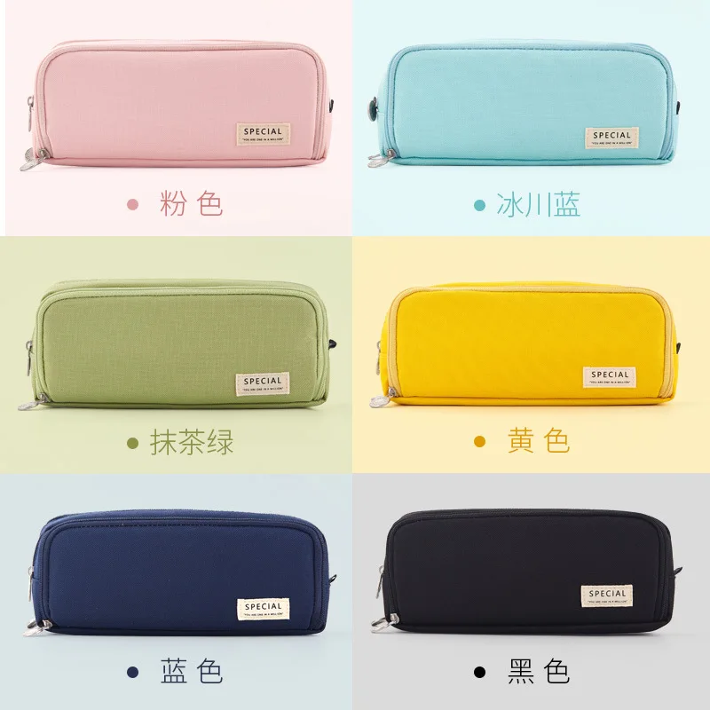 CHEN LIN 1Pcs Large Capacity 3 Compartment Pouch Pencil Case Double Side Opening Pen Bag Simple Solid Color Student Stationery