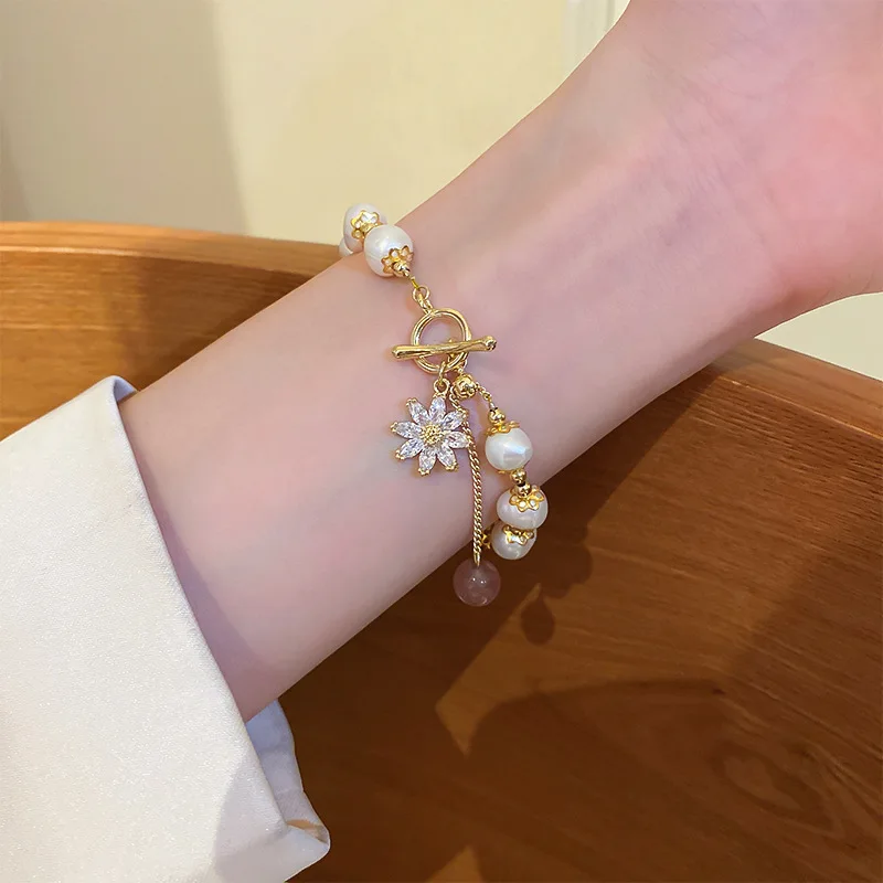 New Arrival Elegant Sunflower 14K Gold Filled Natural Freshwater Pearl & Strawberry Quartz Ladies Charm Bracelets Jewelry Gifts