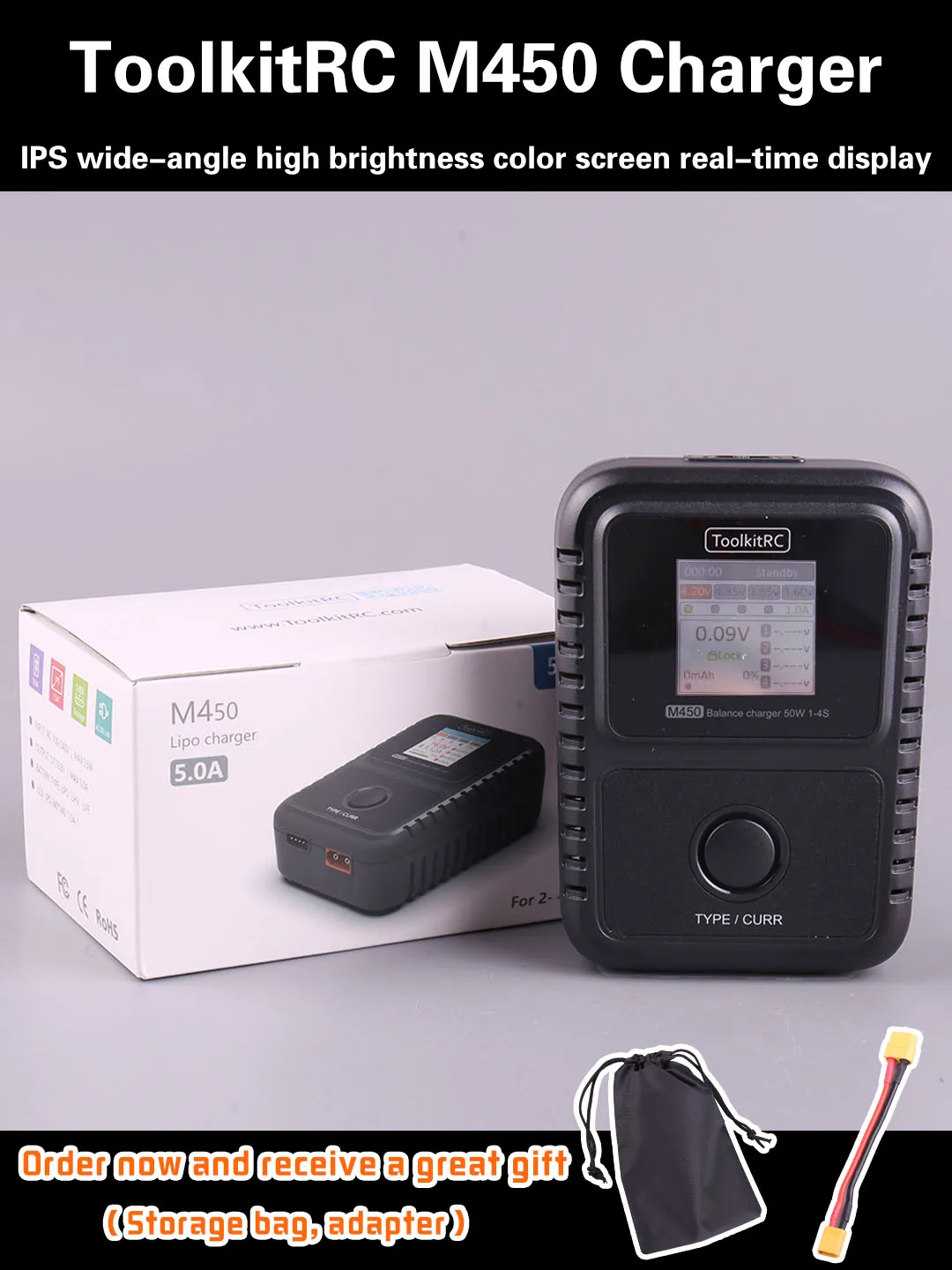 ToolkitRc M450 50W Balance Battery Charger IPS Colorful Display Compatable with 1~4S Lipo LiHv LiFe Lipo For RC Airplane Car Toy