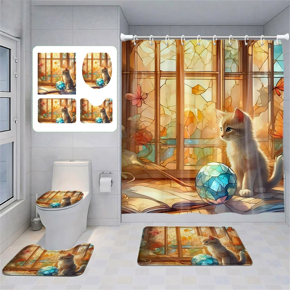 

«Набор для ванны с осенним котом из 4 предметов: уютная занавеска для душа, нескользящий коврик, крышка и коврик для унитаза — теплый осенний декор для ванной комнаты»