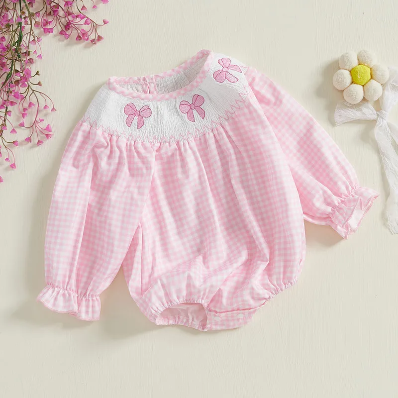 

RUEWEY 0 to 18 Months Baby Girls Cute Bodysuit Spring Autumn Clothes Bow Embroidery Plaid Long Sleeve Jumpsuits for Newborn