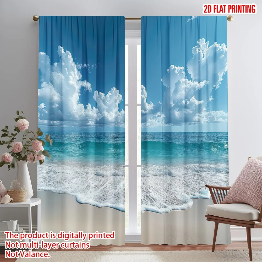 

2D flat printing 2pcs Window Curtains Cloudy Beach Horizon Digital Printed Polyester Drapes Holiday Decorations for Holiday