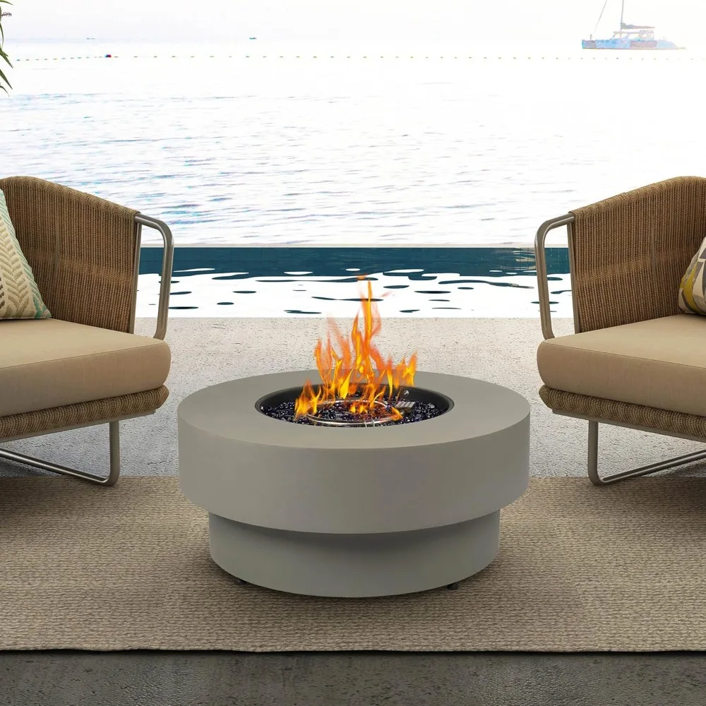 

Outdoor Fire Pit Table, Flint & Concrete Look 32.5-inch Round Patio Propane Fire Table 50,000 BTU w/Lid, Glass Rocks, Co