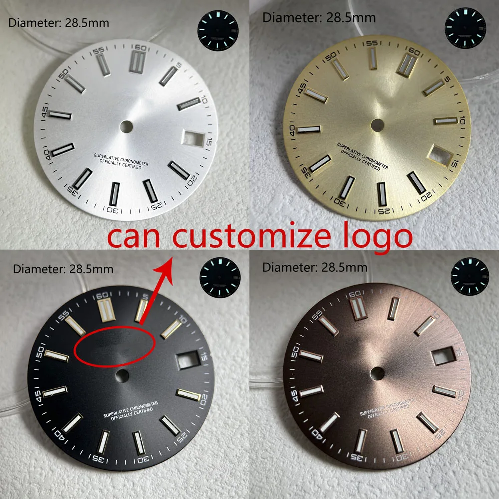 28.5mm NH35 다이얼 브라운 그레이 블루 그린 빛나는 선버스트 다이얼 NH35 자동 무브먼트 시계 액세서리 로고를 사용자 정의 할 수 있습니다