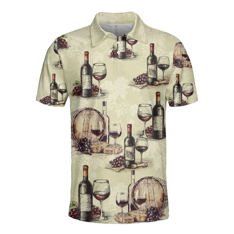 3D Printed Drinks Wine Polo Shirts For Men Drinking Grape Liquor Pattern Tees Casual Vacation Short Sleeve Button Women Tops