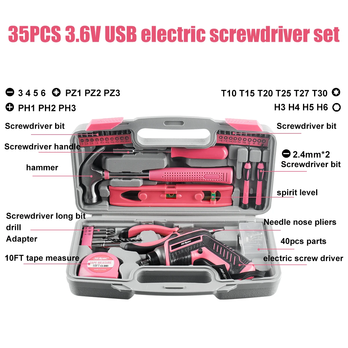 35 Piece Pink Tool Set - with 3.6V Electric Screwdriver, Home Repairing Tool Kit for Women , Perfect for Home DIY, Daily Use