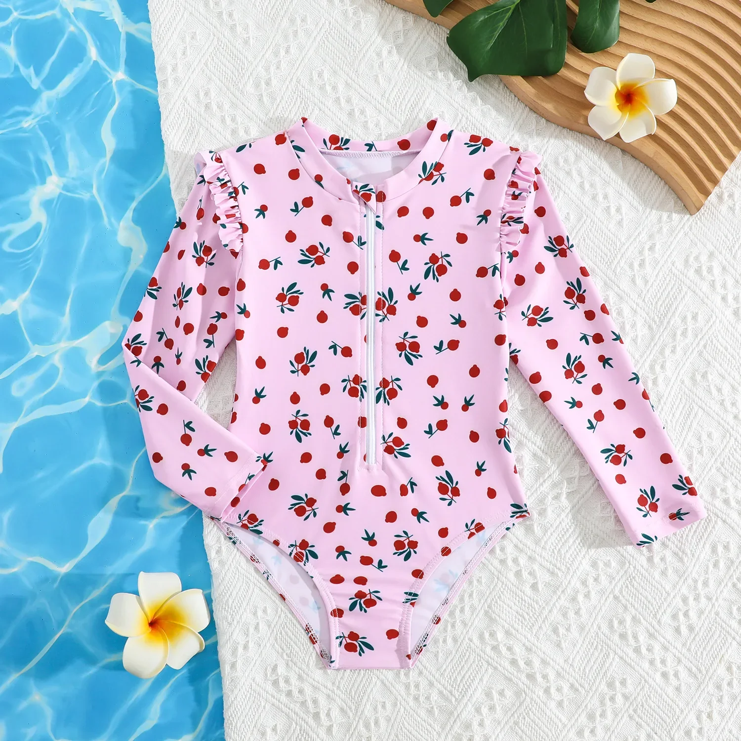 

New Summer Girls One-piece Swimsuit Kids Long Sleeve Zipper Sunscreen Quick-Dry Cute Cartoon Print Swimwear Baby Bathing Costume