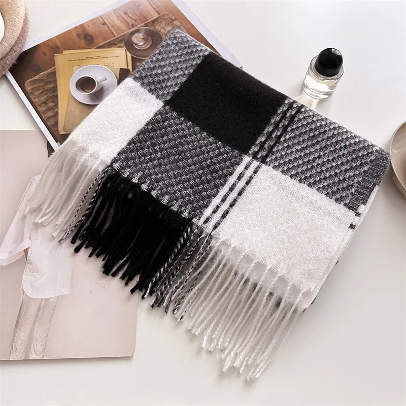 Winter Korean Style Mutilcolor Cashmere Big Checkered Scarf Thick Warm Shawl Women\'s Multi functional Headscarf Tassel Scarf