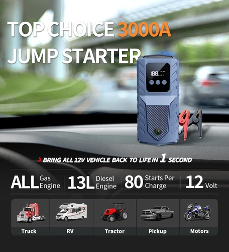 Imagen 2 del producto Arrancador de batería de coche, Banco de energía 2000A/3000A para arrancador de coche, refuerzo de emergencia portátil, dispositivo de arranque automático de 12V