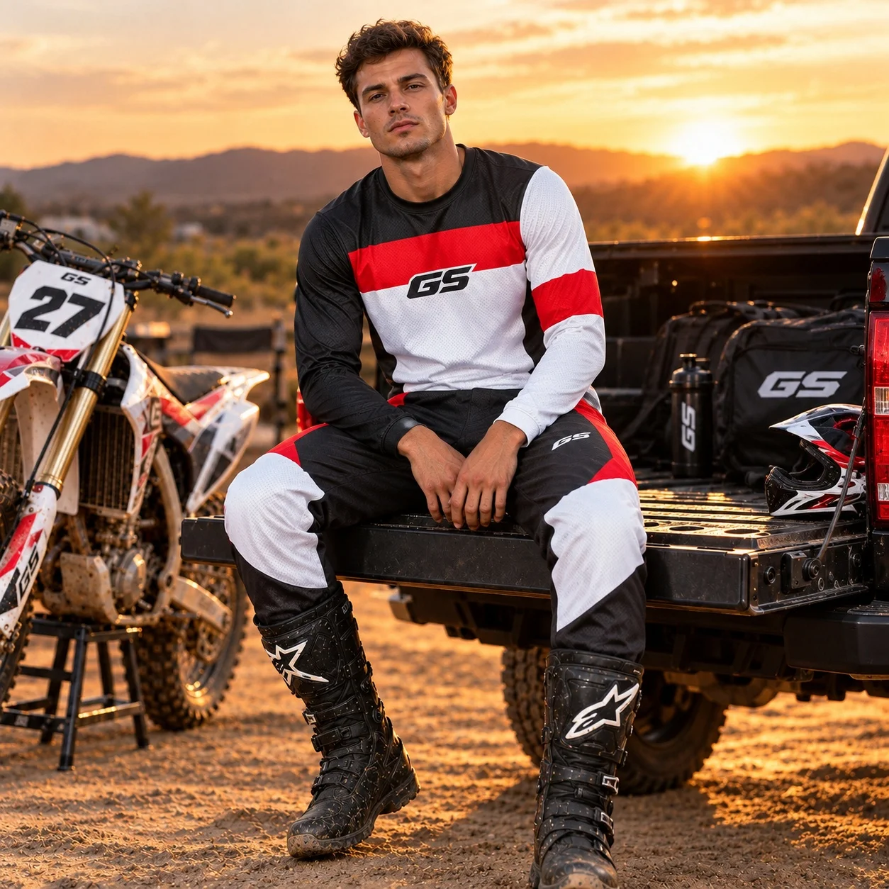 GS Mens Motorcycle Racing Tracksuit Set Red Black White Long Sleeve Sports Shirt and Pants Motocross Outfit