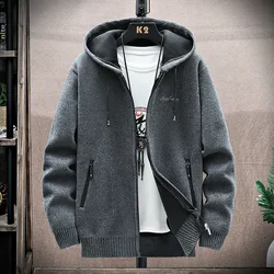 Men Knit Hooded Cardigan SweaterCoat 2024 Autumn Winter Thick Warm Plush Solid Casual Zip Hooded Jacket Korean Fashion Clothing