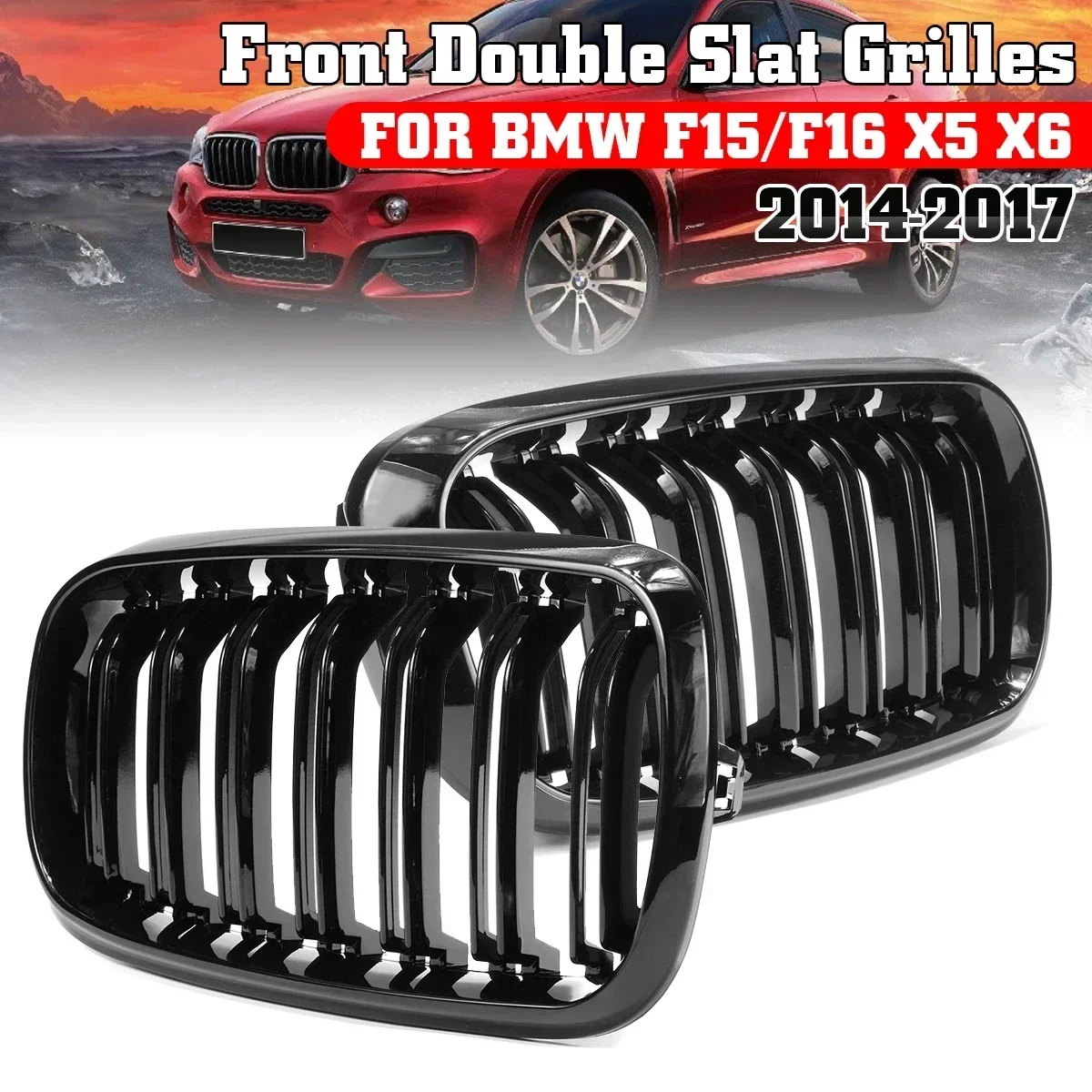 2Pcs Gloss/ Black Car 2 Slat Line Kidney Grille for BMW F15 F16 X5 X6 2014 2015 2016 2017 Front Bumper Racing Grille Body Kit