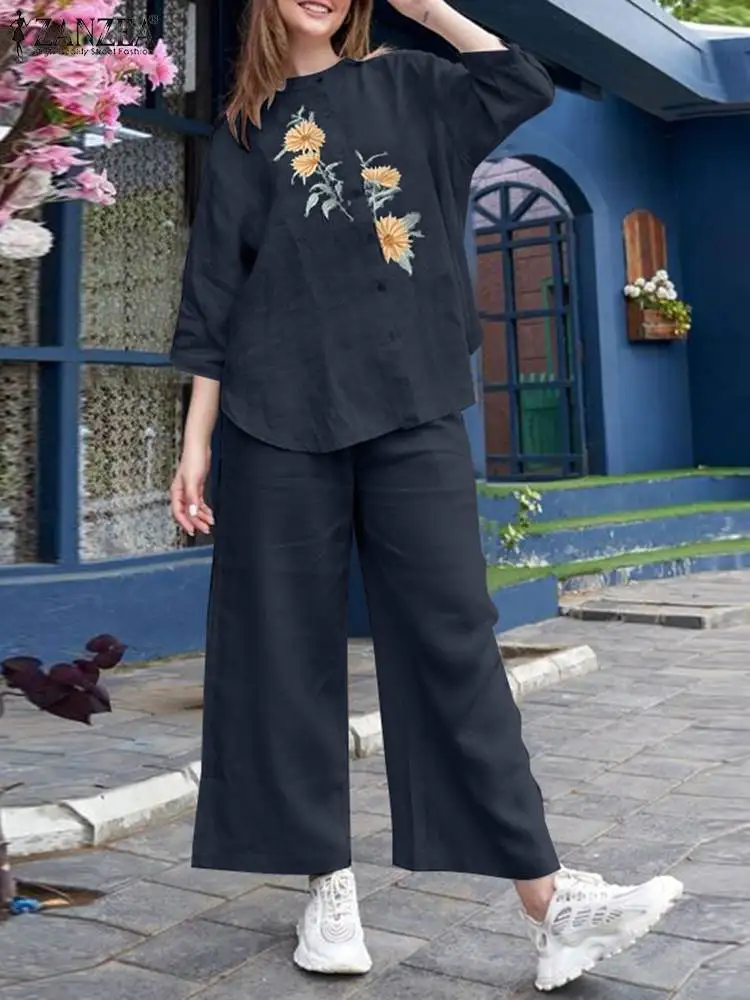 ZANZEA Loose Oversize Pant Sets Casual Trousers Women Work 2024 Summer Tracksuits Embroidery Floral Shirt Vintage 2pcs Outfits