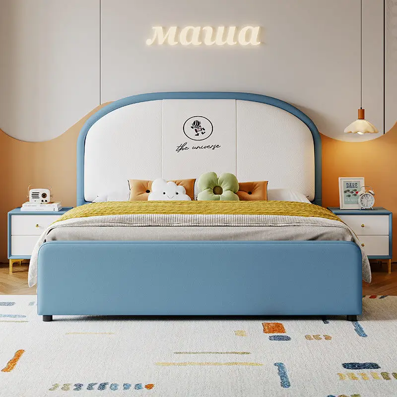 سرير أطفال من الخشب الصلب مبطن ناعم على شكل قوس اللوح الأمامي تصميم محظور الألوان صغير الحجم فن الجلود الكرتونية لغرفة النوم