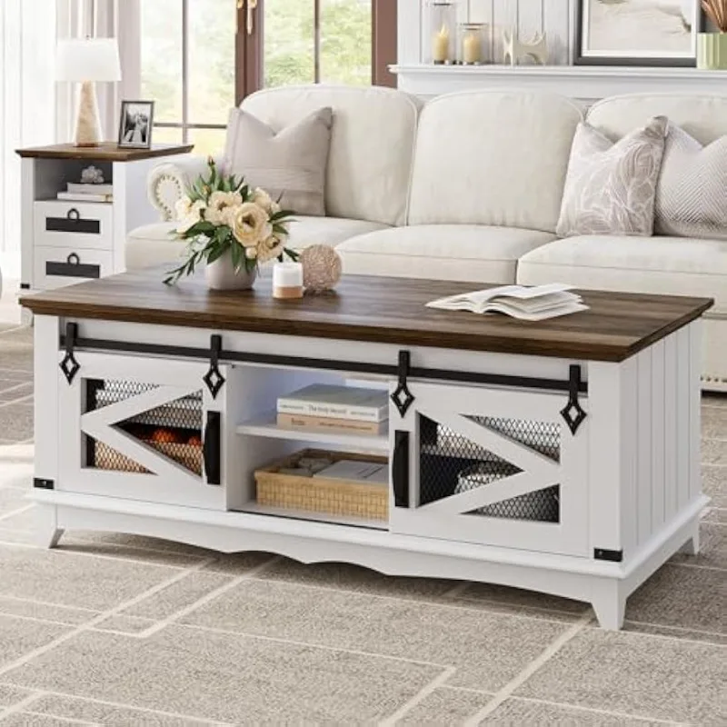 

Coffee Table Storage 48'' Center Industrial Cocktail with Sliding Barn Doors Modern Rectangular Living Room