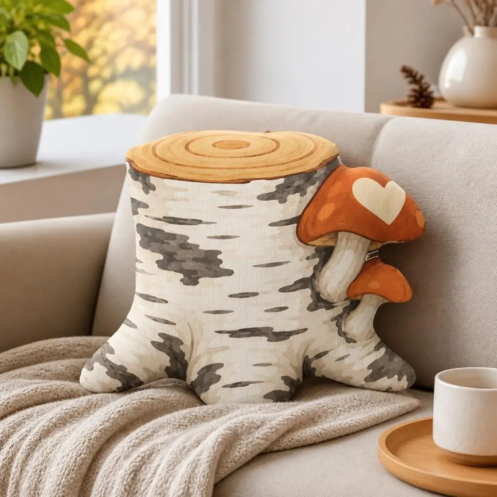 Birch Stump Mushroom Throw Pillow Heart Woodland Cushion Irregular Stuffed Decorative Pillow for Sofa Home Decor Gift Accent