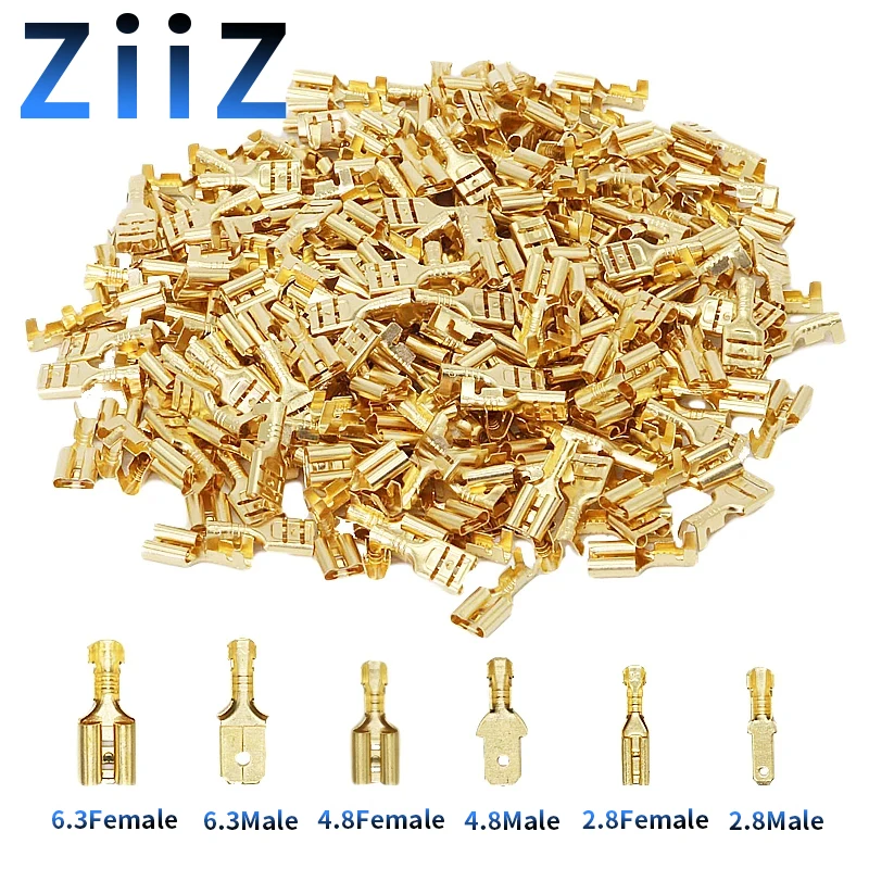100 szt. Złącza zaciskane żeńskie i męskie 2.8 4.8 6.3mm, mosiężne/srebrne, złote, do głośników samochodowych, zestaw złącz elektrycznych ZiiZ