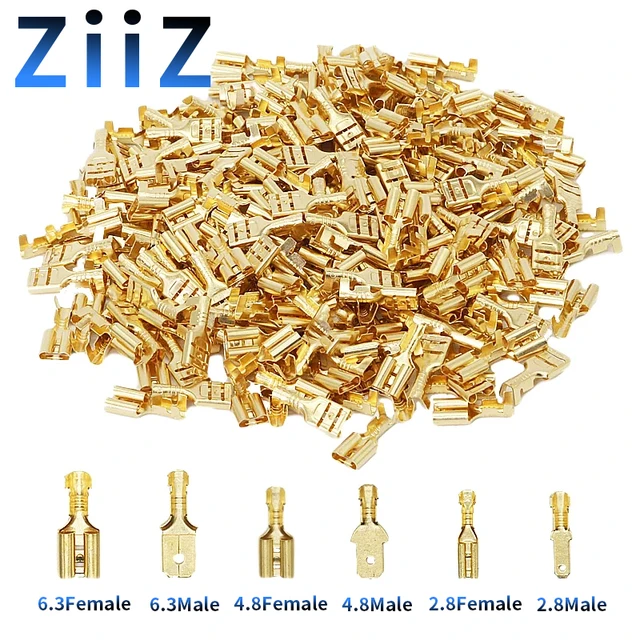 100 szt. Złącza zaciskane żeńskie i męskie 2.8 4.8 6.3mm, mosiężne/srebrne, złote, do głośników samochodowych, zestaw złącz elektrycznych ZiiZ