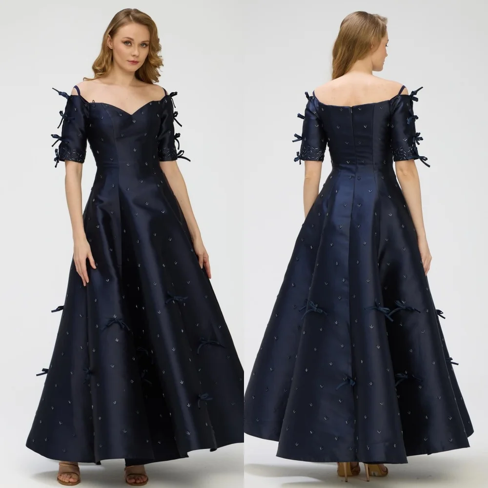 

Customized Classic Charmeuse Bow Beading Draped A-line Off-the-shoulder Long Dresses Bespoke Occasion Dresses Exquisite Fashion
