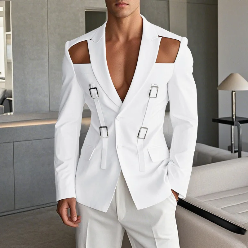 2026 New  Spring and Autumn Men's Fashionable Hollow Metal Buckle Design Stage Performance Solid Color Suit Jacket for Men