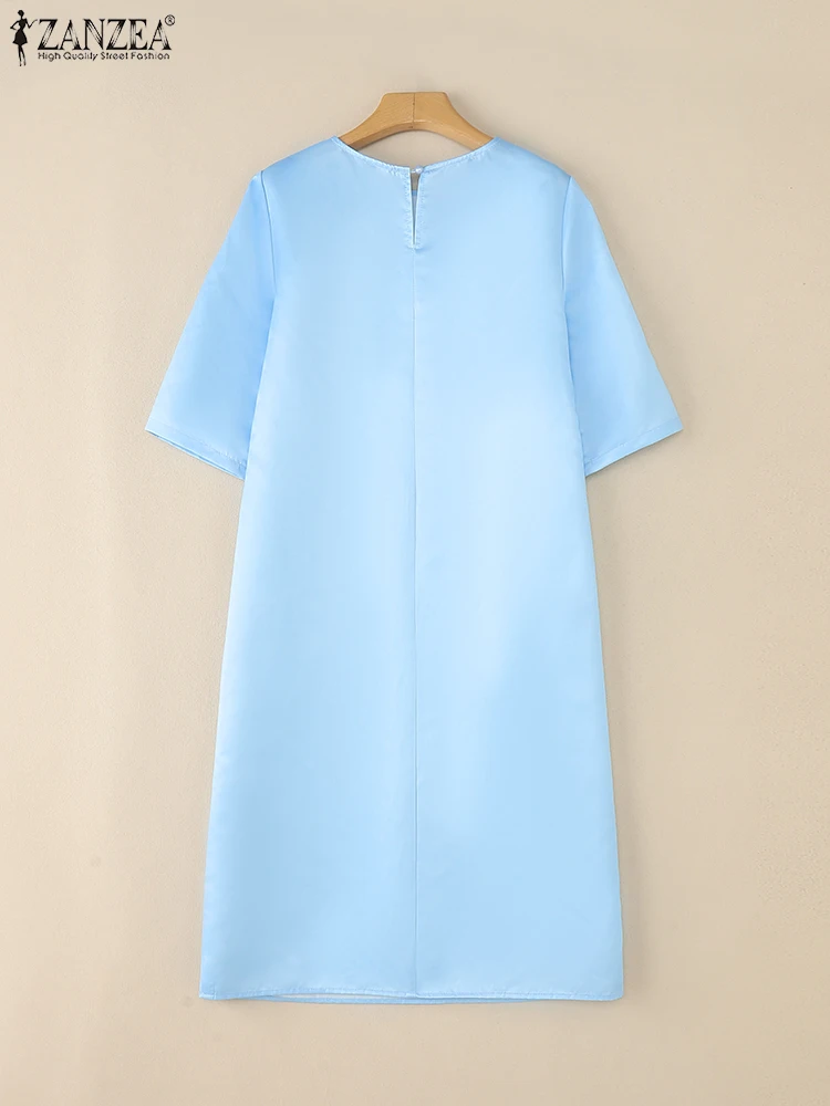 ZANZEA femmes Satin robe mi-longue 2025 automne décontracté ample col rond 3/4 manches impression florale Robes Femme élégant déplacements robes