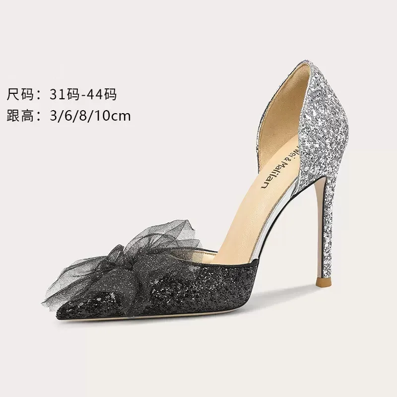 

Spring and summer new style pointy shallow sequins lace sandals thin high heels banquet dress large small women's single shoes