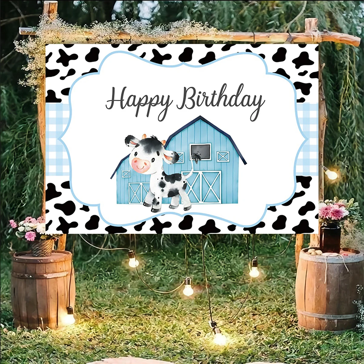 

Pink Floral Farm Theme Happy Birthday Backdrop for Girl Kids Barn Animals Cow Flower Party Supplies Decorations BannerBarnyard