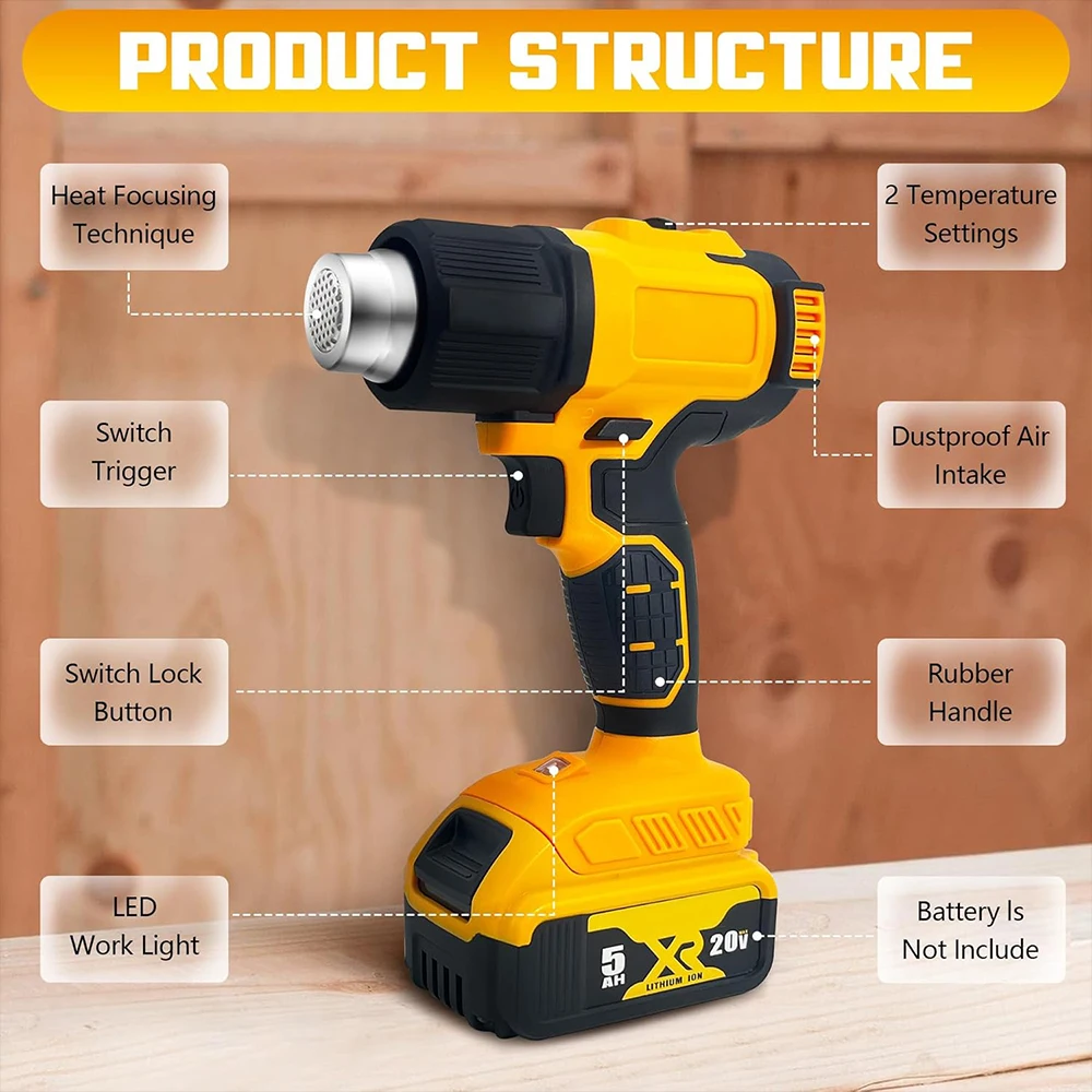 

Cordless Hot Air Gun Compatible with Dewalt 20V Battery, 550°C Handheld Heat Gun with 3 Nozzles for DIY Crafts