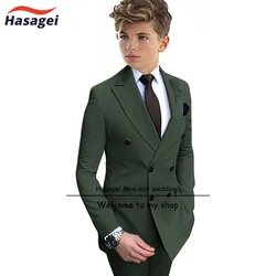 Dark Green Boys Suit 12 Years Old Double Breasted Jacket Pants 2 Piece Set Peaked Collar Formal Kids Wedding Tuxedo