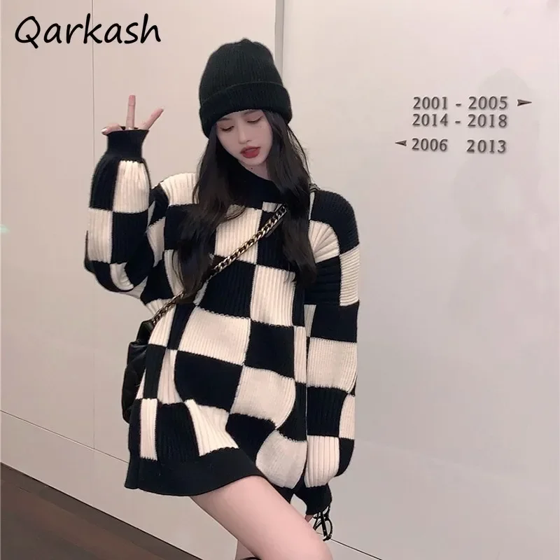 Women Pullovers O-neck Checkerboard Mid-length Sweaters Autumn Winter Design New Loose High-end Knitted Tops Street All-match