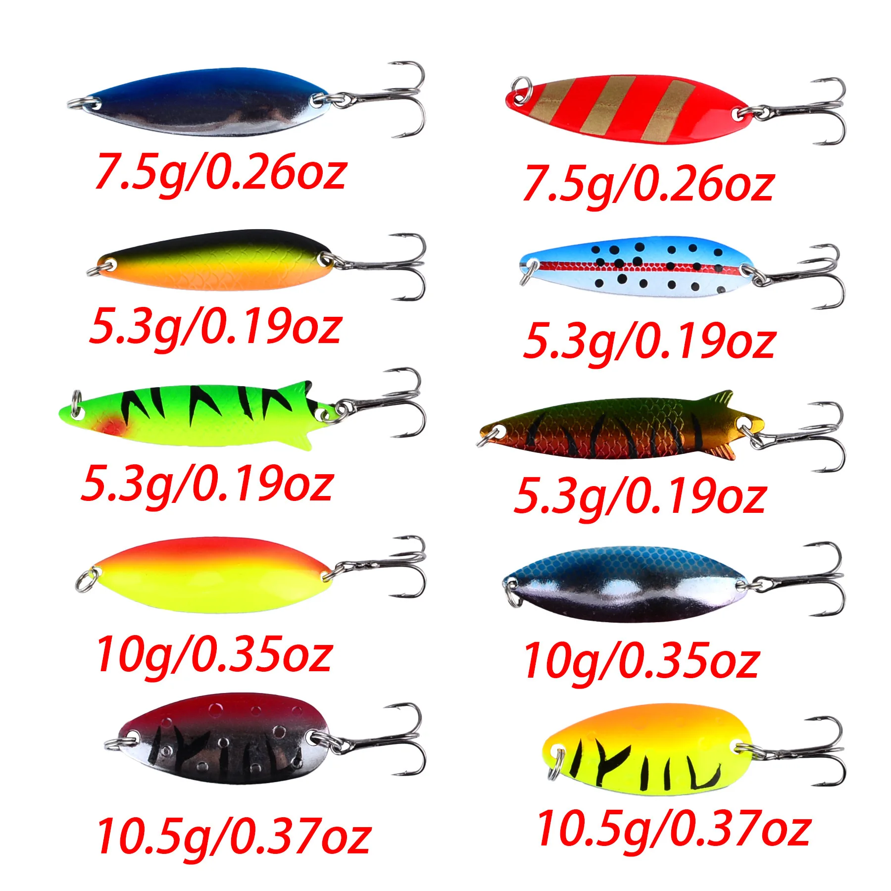 Conjunto de iscas de colher de 10 peças, kit de colheres de pesca de metal múltiplos 4.5-6cm 5.3-10.5g, elenco longo para truta de água doce pique baixo
