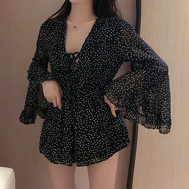 Women Spring BOHO Style Flare Sleeve Thin Chiffon Rompers Summer Chic Lace Up Dress Polka Dot Satin Printed Irregular Jumpsuit