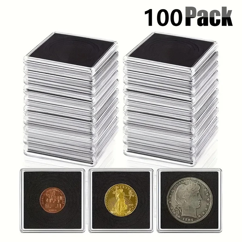 100pcs Adjustable Coin Collection Box with Sponge Acrylic Coin Holder Clip Stand 5 Sizes Coins Silvery Dollars Protective Cases