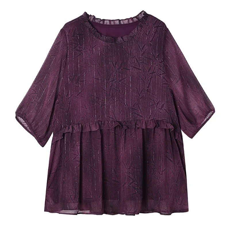 2025 Summer Women Shirt High-end Bright Silk Casual Loose Tops Ruffles Collar 3/4 Sleeve Chiffon Shirt