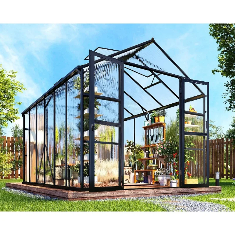 8x12x7.5 Polycarbonate Greenhouse With Quick-Connect Fittings, Walk-In Aluminum Greenhouse With 2 Swing Doors, Greenhouses