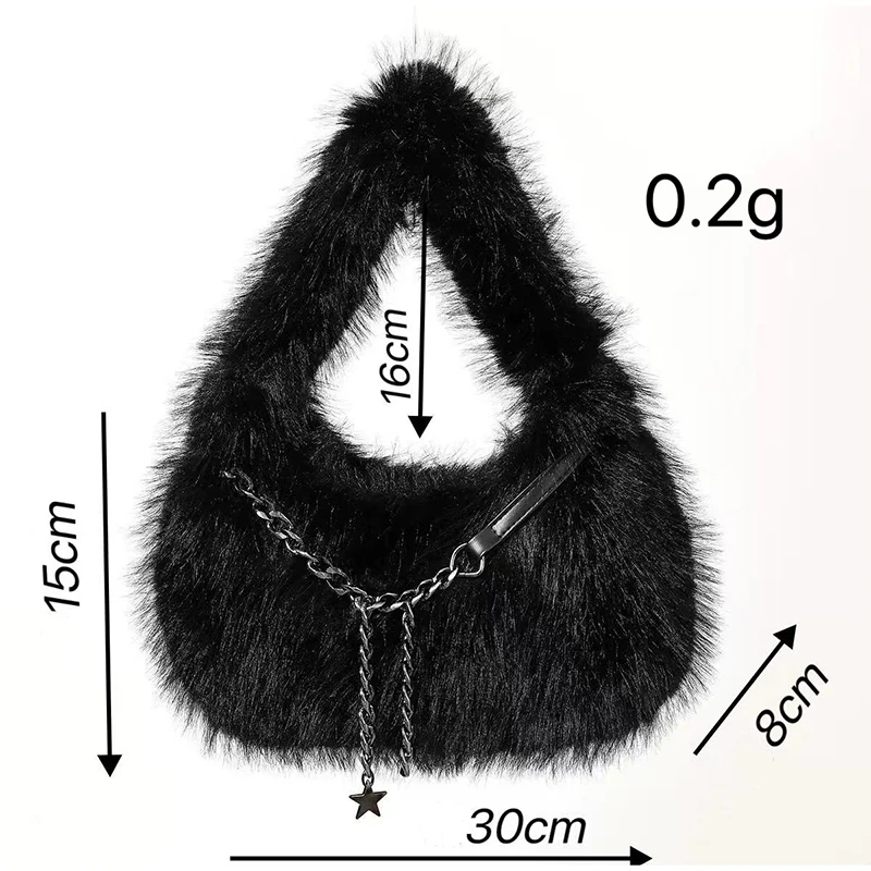 Weiche, glatte, flauschige Plüsch-Umhängetasche, Winter-Handtasche in Uni-Farbe, Metallketten-Tragetasche, lässige, individuelle Unterarmtasche – Detail 1