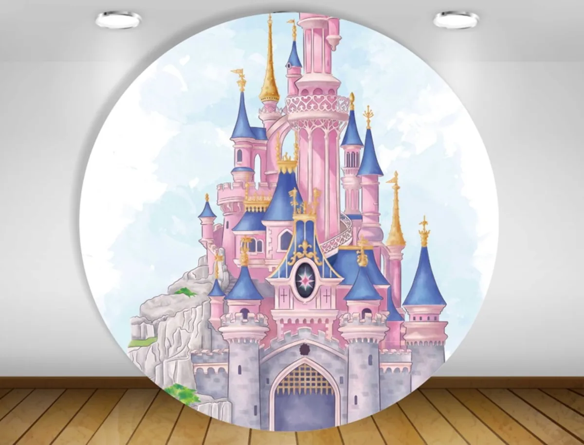 Circle Backdrops Cinderella Disneyland Fantasy Fairy Blue Castle Cherry Blossoms Tree Children Kids Photo Round Background Cover