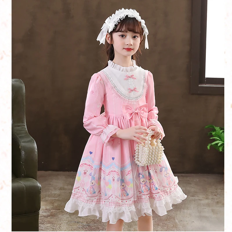 Lolita Style Girls Dress Net Yarn Splicing Cartoon Rabbit Print Bow Decorate Long Sleeve Party Princess Dress For 4-12Y Kids