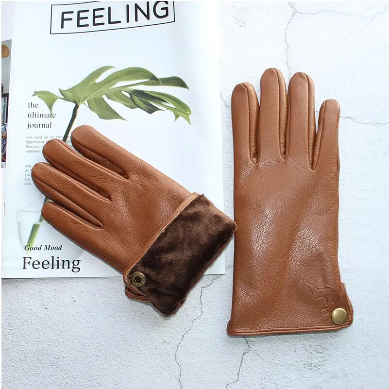 Men\'s Deerskin Pattern Goatskin Gloves Autumn and Winter Plus Velvet to Keep Warm Fashion Outer Seam Outdoor Cycling Gloves