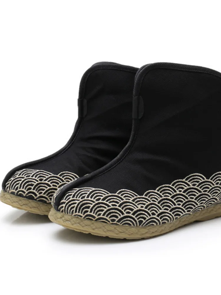 Chinese Ancient Shoes Cosplay Costumes Boots 2025 Autumn Men's Ethnic Boots Retro Flat Canvas Embroidered Ankle Casual Boots