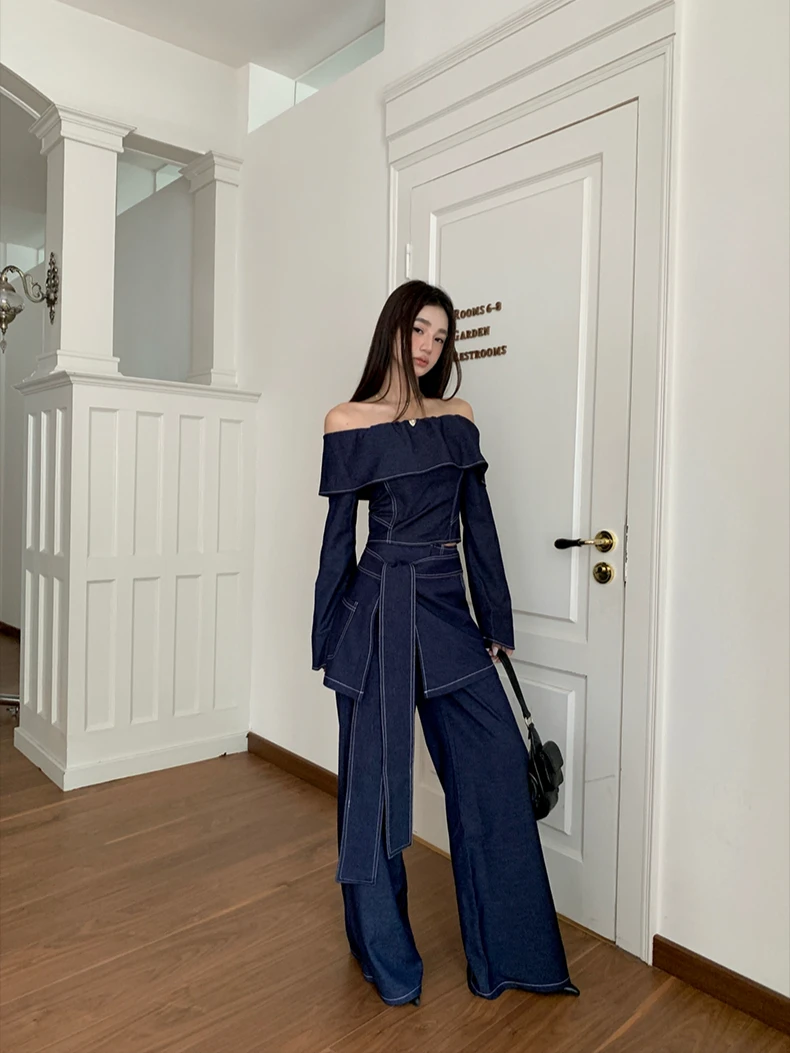 CHEERART 2 Piece Sets Women Outfit Denim Off The Shoulder Long Sleeve Top And Wide Leg Long Pants Fall Clothes 2024 Women