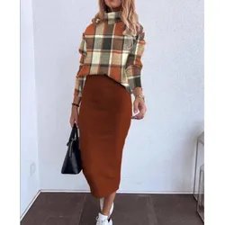 Autumn Winter Retro Plaid Print Skirt Suit Female Casual Long Sleeve High Collar Blouses Hip Wrap Skirt 2 Piece Sets For Women