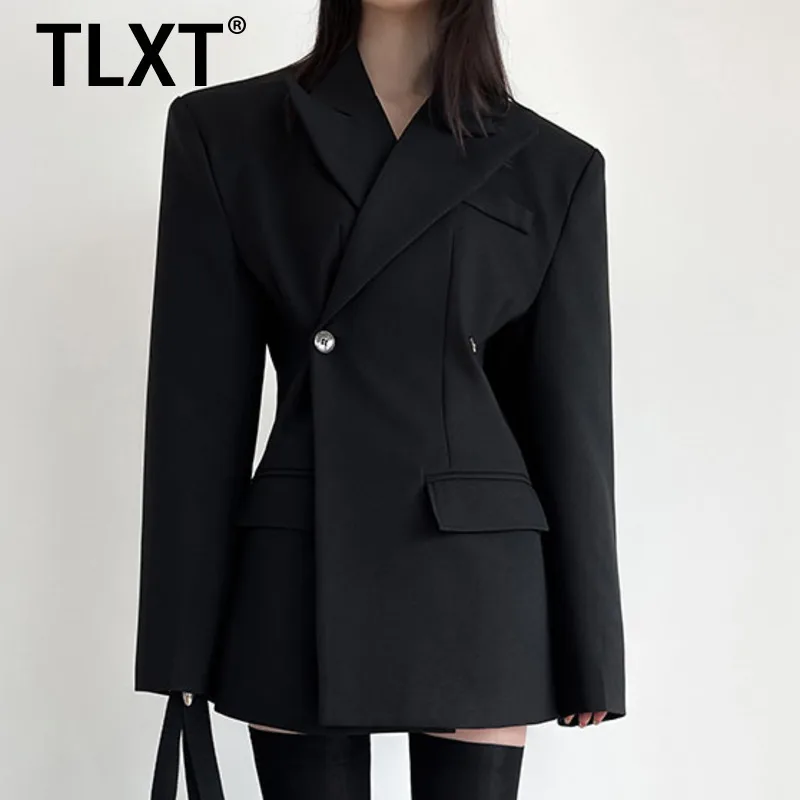 

TLXT High End Black Silhouette Waistband Suit Jacket Hourglass Shaped Suit Shoulder Pad Top For Women 2025 Spring Autumn New