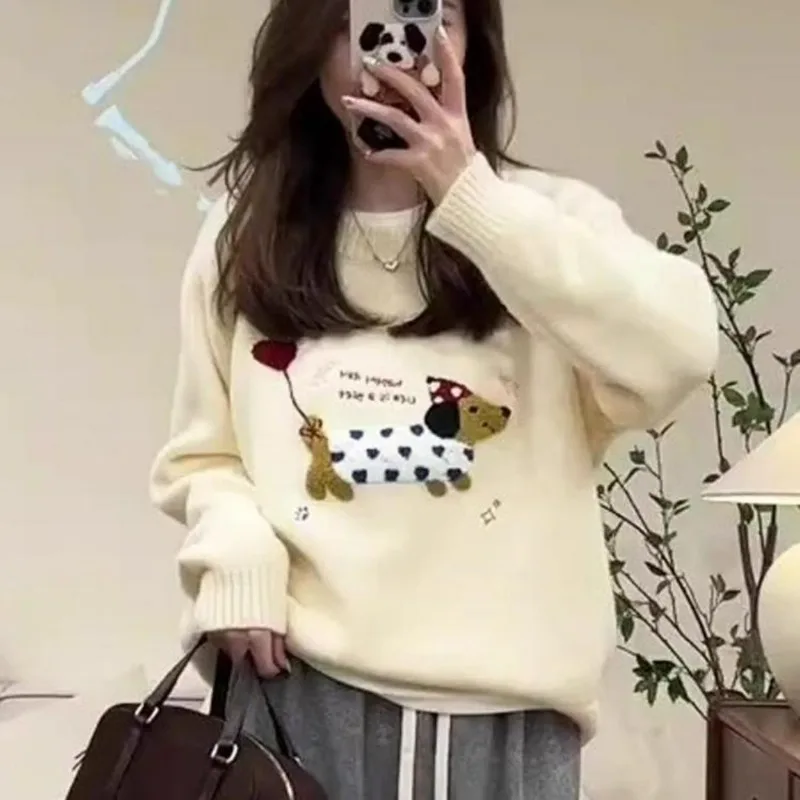 Blue Puppy Towel Embroidered Raccoon Velvet Sweater Women Korean Fashion Autumn and Winter New Loose Outerwear Knitted Pullover